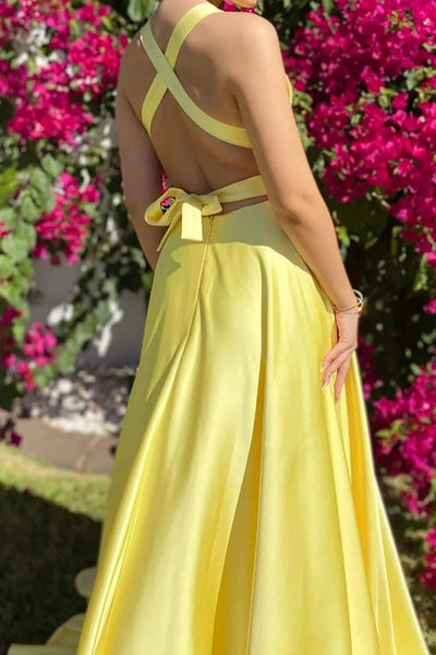 Yellow A Line V Neck Satin Long Prom Dresses with High Slit, Long Yellow Formal Graduation Evening Dresses WT1349