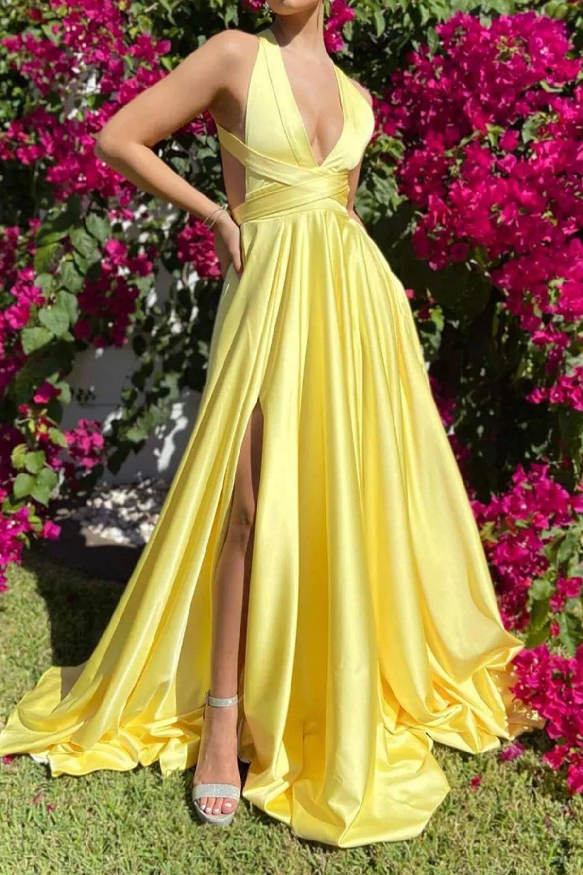 Yellow A Line V Neck Satin Long Prom Dresses with High Slit, Long Yell Lwt Dress Yellow A Line V Neck Satin Long Prom Dresses with High Slit, Long Yell Lwt Dress