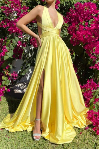 Yellow A Line V Neck Satin Long Prom Dresses with High Slit, Long Yellow Formal Graduation Evening Dresses WT1349