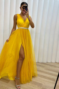 Yellow A Line V Neck Tulle Long Prom Dresses with High Slit, Yellow Formal Dresses with Belt, Yellow Evening Dresses WT1400