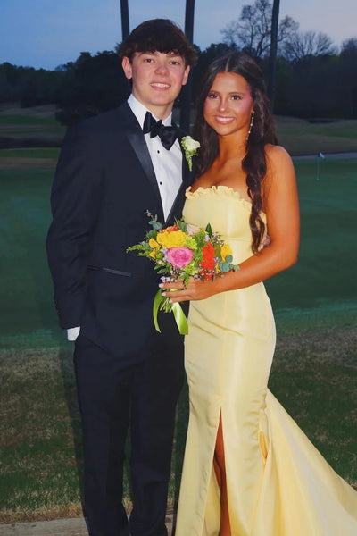 Yellow/Blue Strapless Mermaid Long Prom Dresses with High Slit, Long Yellow/Blue Formal Graduation Evening Dresses WT1662
