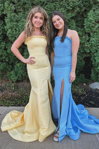 Yellow/Blue Strapless Mermaid Long Prom Dresses with High Slit, Long Yellow/Blue Formal Graduation Evening Dresses WT1662