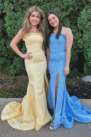 Yellow/Blue Strapless Mermaid Long Prom Dresses with High Slit, Long Yellow/Blue Formal Graduation Evening Dresses WT1662