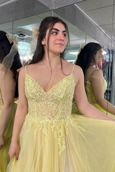 Yellow Lace A Line V Neck Long Prom Dresses with Slit, Yellow Lace Formal Dresses, Yellow Evening Dresses WT1795