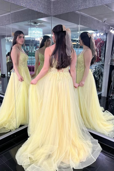 Yellow Lace A Line V Neck Long Prom Dresses with Slit, Yellow Lace Formal Dresses, Yellow Evening Dresses WT1795