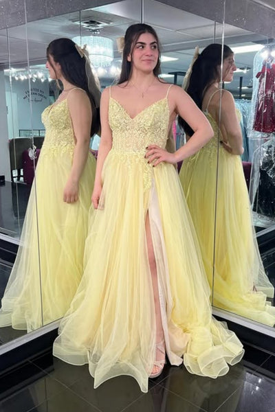 Yellow Lace A Line V Neck Long Prom Dresses with Slit, Yellow Lace Formal Dresses, Yellow Evening Dresses WT1795