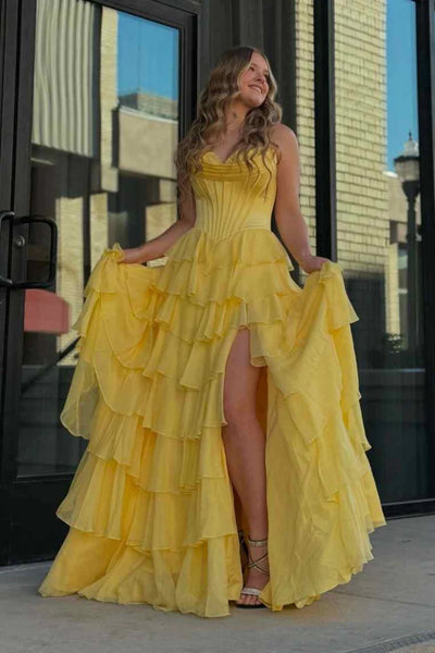 Yellow/Navy Blue Chiffon Strapless Ruffle Long Prom Dresses with High Slit, Yellow/Navy Blue Formal Graduation Evening Dresses WT1550