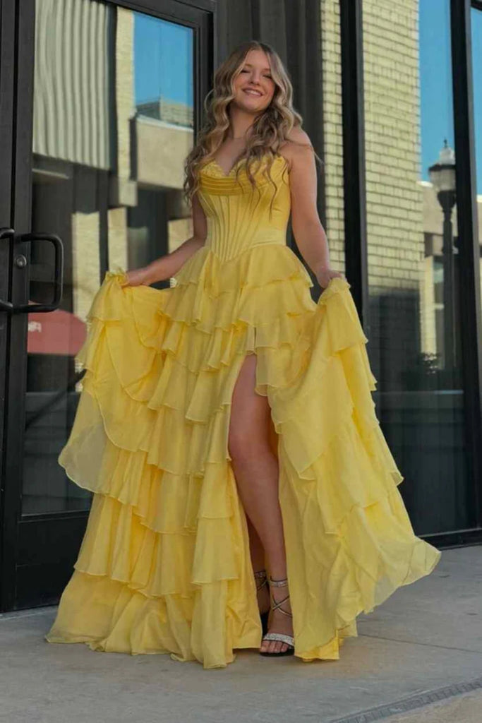 Yellow/Navy Blue Chiffon Strapless Ruffle Long Prom Dresses with High Lwt Dress Yellow/Navy Blue Chiffon Strapless Ruffle Long Prom Dresses with High Lwt Dress
