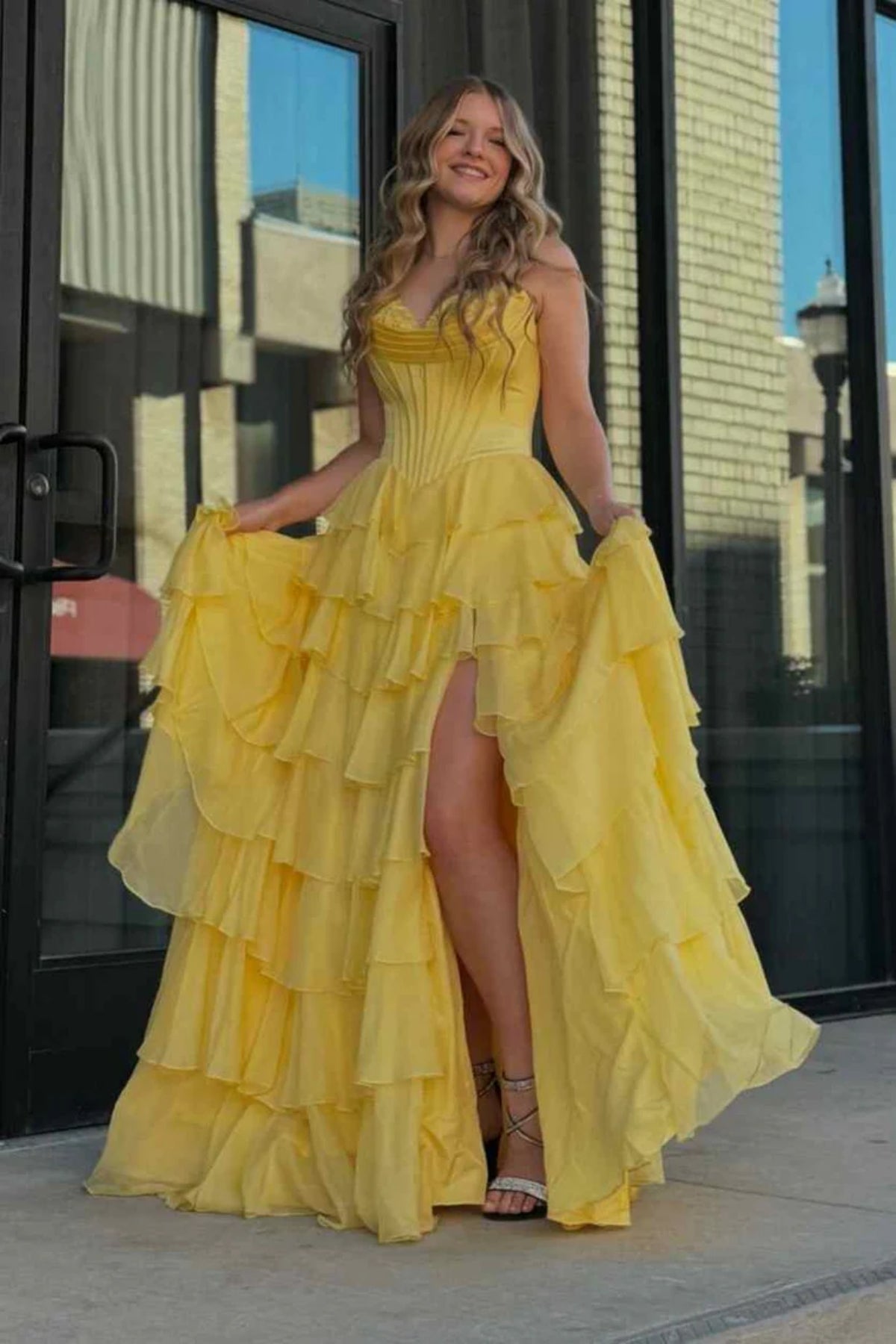 Yellow/Navy Blue Chiffon Strapless Ruffle Long Prom Dresses with High Lwt Dress Yellow/Navy Blue Chiffon Strapless Ruffle Long Prom Dresses with High Lwt Dress