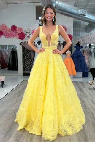 Yellow/Pink Unique A Line V Neck Open Back Long Prom Dresses, Long Yellow/Pink Formal Graduation Evening Dresses WT1324