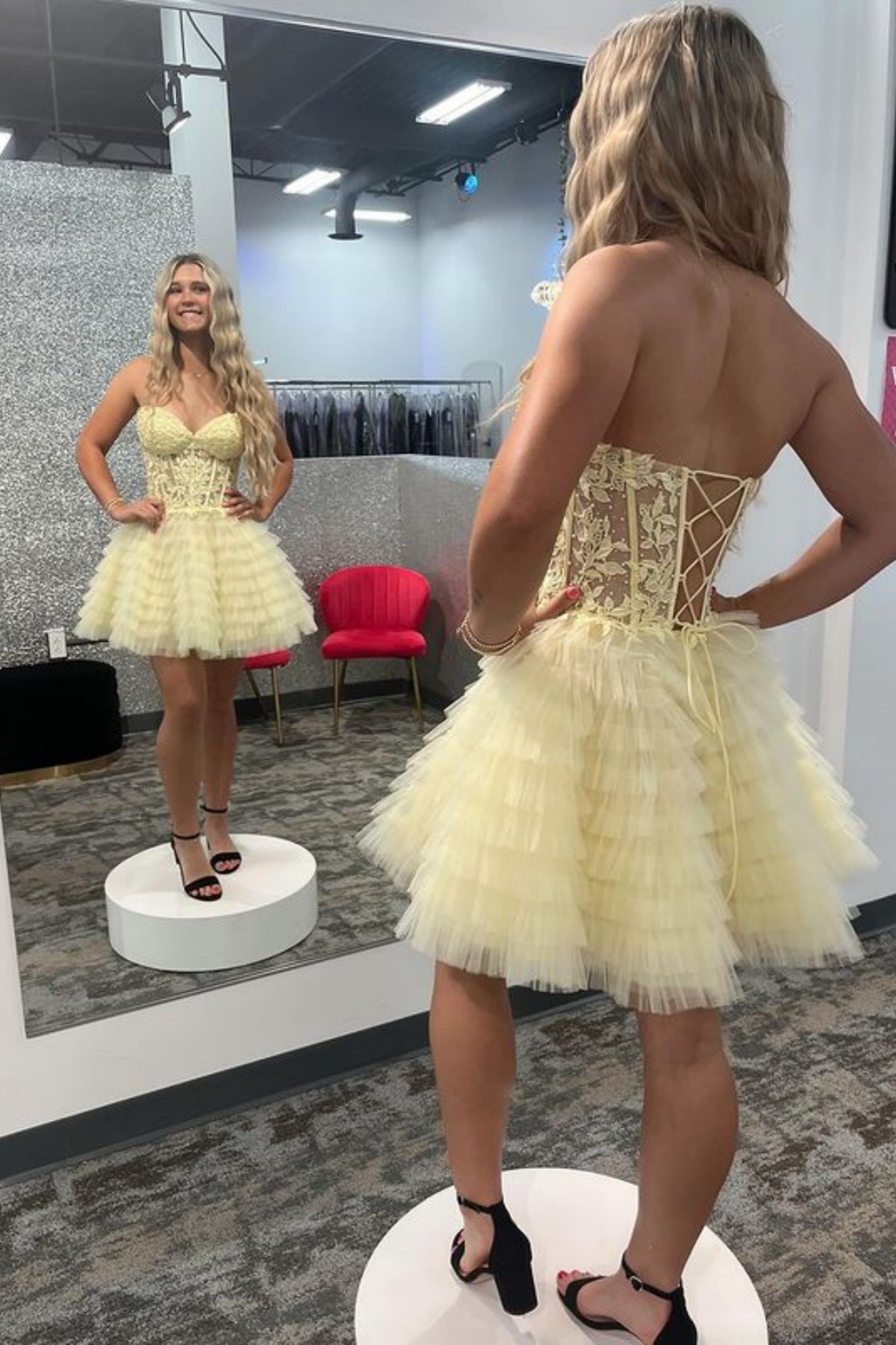 Yellow Princess Strapless Ruffle Tulle Prom Dresses, Yellow Lace Homec   Lwt Dress