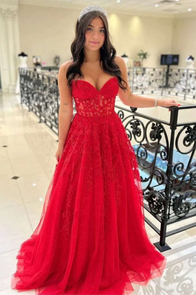 Yellow/Red Strapless Lace Long Prom Dresses, Yellow/Red Lace Formal Gr Lwt Dress Yellow/Red Strapless Lace Long Prom Dresses, Yellow/Red Lace Formal Gr Lwt Dress