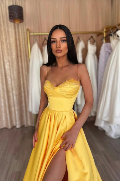 Yellow Satin A Line Spaghetti Straps Sequins Long Prom Dresses with High Slit, Long Yellow Formal Graduation Evening Dresses WT1453