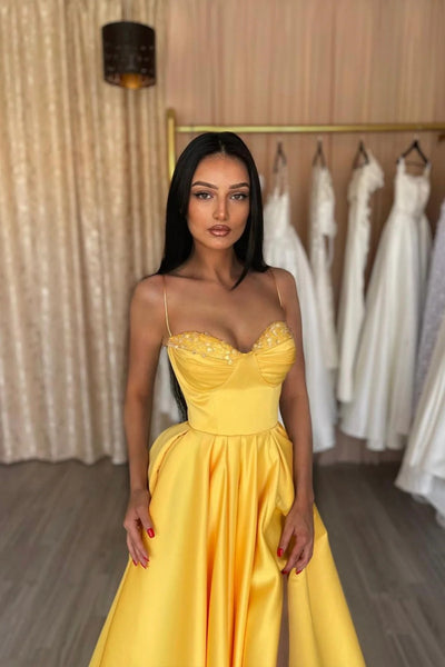Yellow Satin A Line Spaghetti Straps Sequins Long Prom Dresses with High Slit, Long Yellow Formal Graduation Evening Dresses WT1453