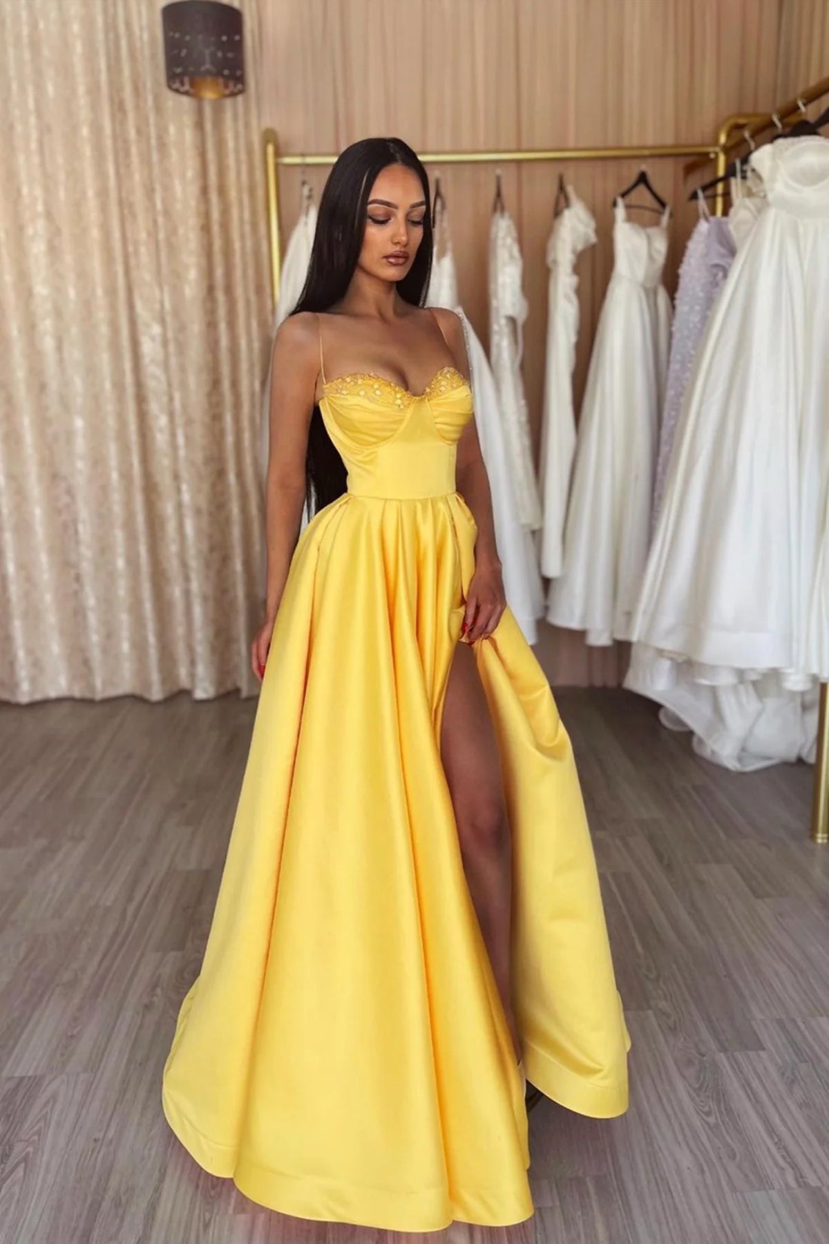Yellow Satin A Line Spaghetti Straps Sequins Long Prom Dresses with Hi – Lwt Dress