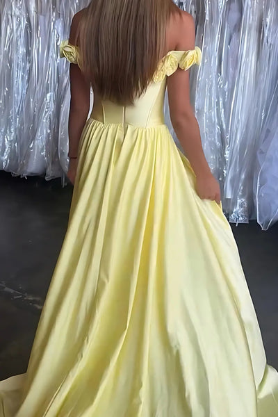 Yellow Satin Off the Shoulder Mermaid Long Prom Dresses with Flowers, Mermaid Yellow Formal Graduation Evening Dresses WT1686