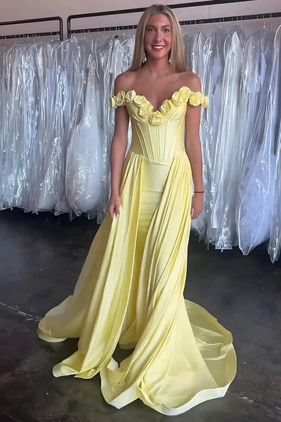Yellow Satin Off the Shoulder Mermaid Long Prom Dresses with Flowers, Mermaid Yellow Formal Graduation Evening Dresses WT1686