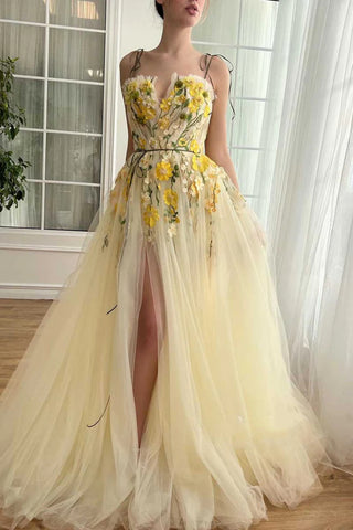 Yellow Tulle A Line High Slit Long Prom Dresses with Appliques, Yellow Floral Formal Evening Dresses WT1466
