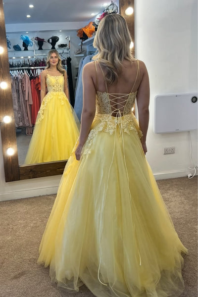 Yellow Tulle A Line Square Neck Backless Lace Long Prom Dresses, Yellow Lace Formal Graduation Evening Dresses WT1741