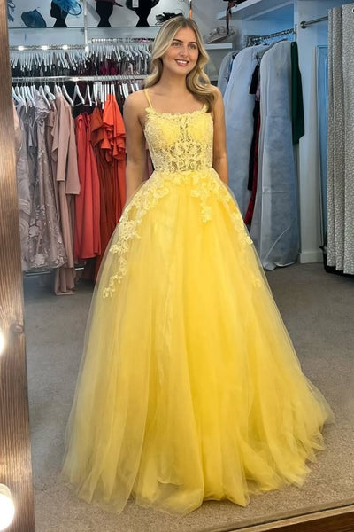 Yellow Tulle A Line Square Neck Backless Lace Long Prom Dresses, Yellow Lace Formal Graduation Evening Dresses WT1741