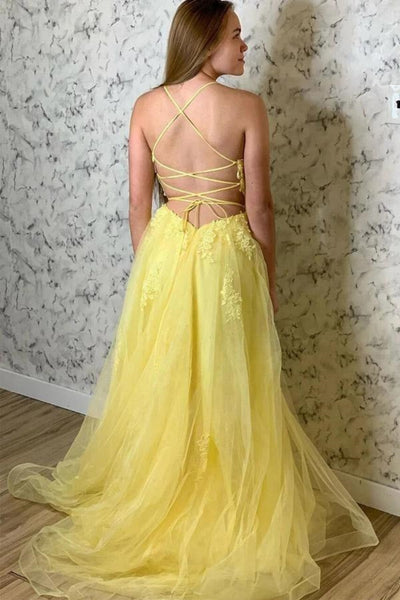 Yellow Tulle Elegant A Line Backless Lace Long Prom Dresses, Yellow Lace Formal Graduation Evening Dresses WT1658