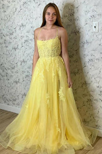 Yellow Tulle Elegant A Line Backless Lace Long Prom Dresses, Yellow Lace Formal Graduation Evening Dresses WT1658