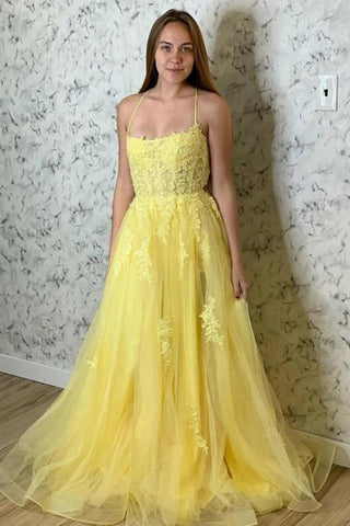 Yellow Tulle Elegant A Line Backless Lace Long Prom Dresses, Yellow Lace Formal Graduation Evening Dresses WT1658