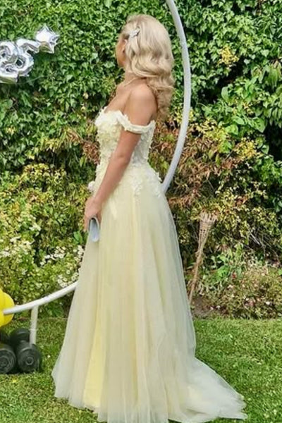 Yellow Tulle Off the Shoulder Lace Long Prom Dresses with Slit, Yellow Lace Formal Dresses, Off Shoulder Yellow Evening Dresses WT1762