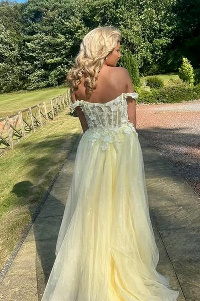 Yellow Tulle Off the Shoulder Lace Long Prom Dresses with Slit, Yellow Lace Formal Dresses, Off Shoulder Yellow Evening Dresses WT1762