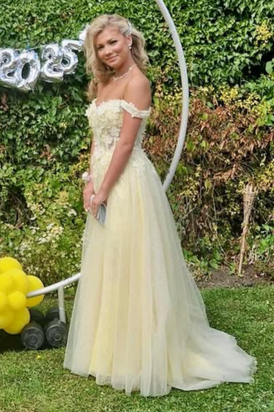 Yellow Tulle Off the Shoulder Lace Long Prom Dresses with Slit, Yellow Lace Formal Dresses, Off Shoulder Yellow Evening Dresses WT1762
