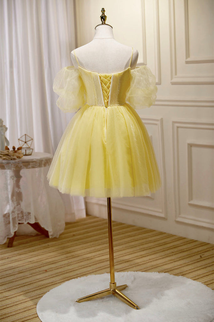Yellow Tulle Off the Shoulder V Neck Lace Prom Dresses, Off Shoulder Y Lwt Dress Yellow Tulle Off the Shoulder V Neck Lace Prom Dresses, Off Shoulder Y Lwt Dress