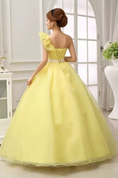 Yellow Tulle One Shoulder Long Prom Dresses with Flowers, One Shoulder Yellow Formal Graduation Evening Dresses WT1711
