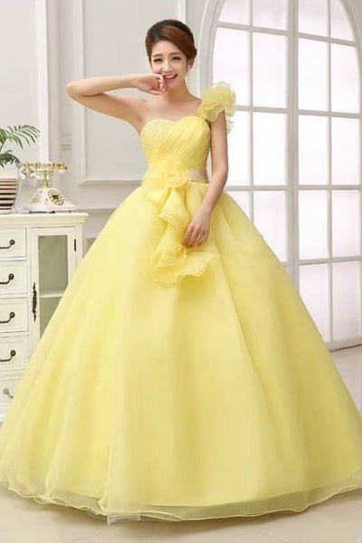 Yellow Tulle One Shoulder Long Prom Dresses with Flowers, One Shoulder Yellow Formal Graduation Evening Dresses WT1711