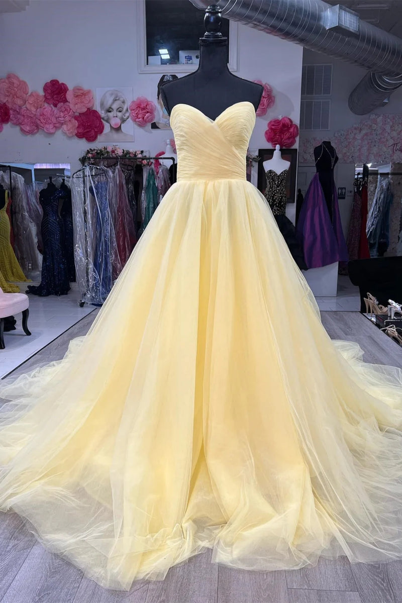 Yellow Tulle Strapless Long Prom Dresses, Sweetheart Neck Yellow Forma