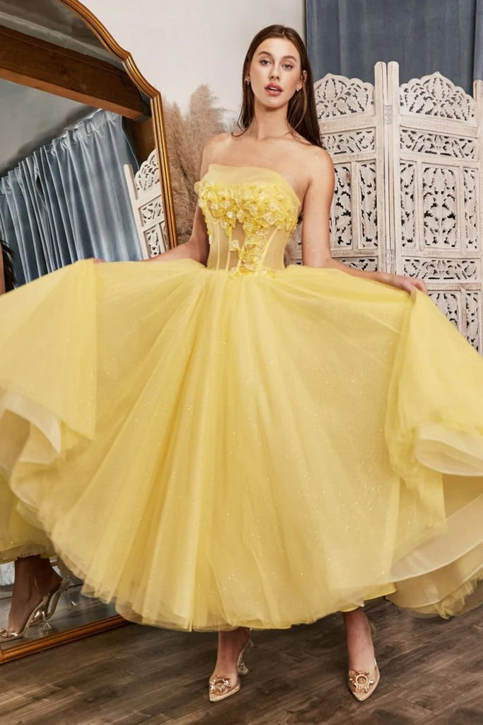 Yellow Tulle Strapless Tea Length Lace Prom Dresses, Yellow Lace Forma