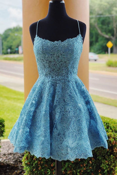 A Line Backless Blue Lace Short Prom Homecoming Dresses, Blue Lace Formal Graduation Evening Dresses