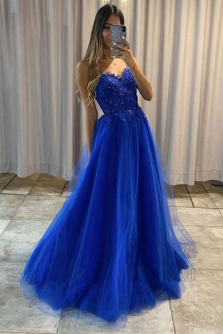 A Line Blue Lace Tulle Beaded Long Prom Dresses, Black Lace Formal Dresses, Blue Evening Dresses
