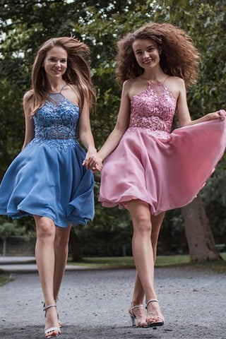 A Line Blue/Pink Lace Short Prom Homecoming Dresses, Blue/Pink Lace Formal Graduation Evening Dresses WT1022