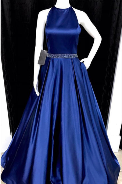 A Line Blue Satin Long Prom Dresses with Belt, Long Blue Formal Graduation Evening Dresses