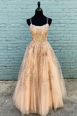 A Line Champagne Lace Long Prom Dresses, Champagne Lace Formal Evening Dresses, Champagne Party Dresses