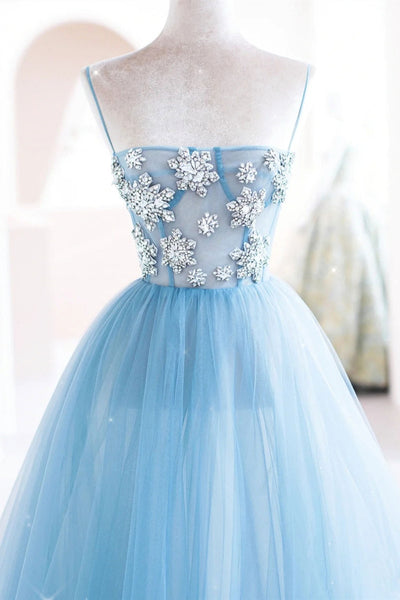 A Line Open Back Light Blue Tulle Long Prom Dresses with Beaded Flowers, Beaded Light Blue Tulle Formal Evening Dresses