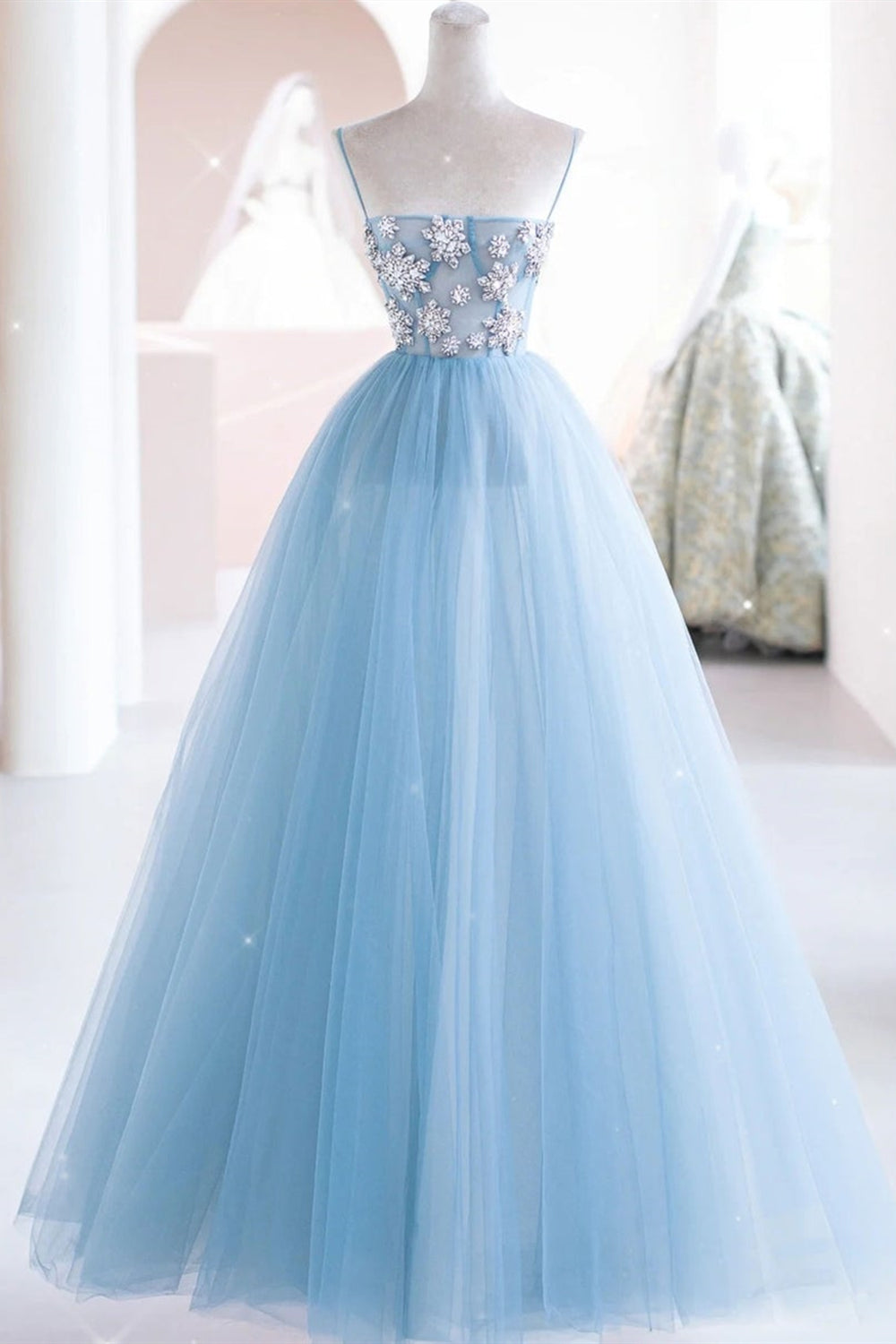 A Line Open Back Light Blue Tulle Long Prom Dresses with Beaded Flowers, Beaded Light Blue Tulle Formal Evening Dresses