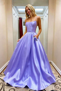A Line Purple Satin Long Prom Dresses with Pocket, Beaded Purple Formal Graduation Evening Dresses