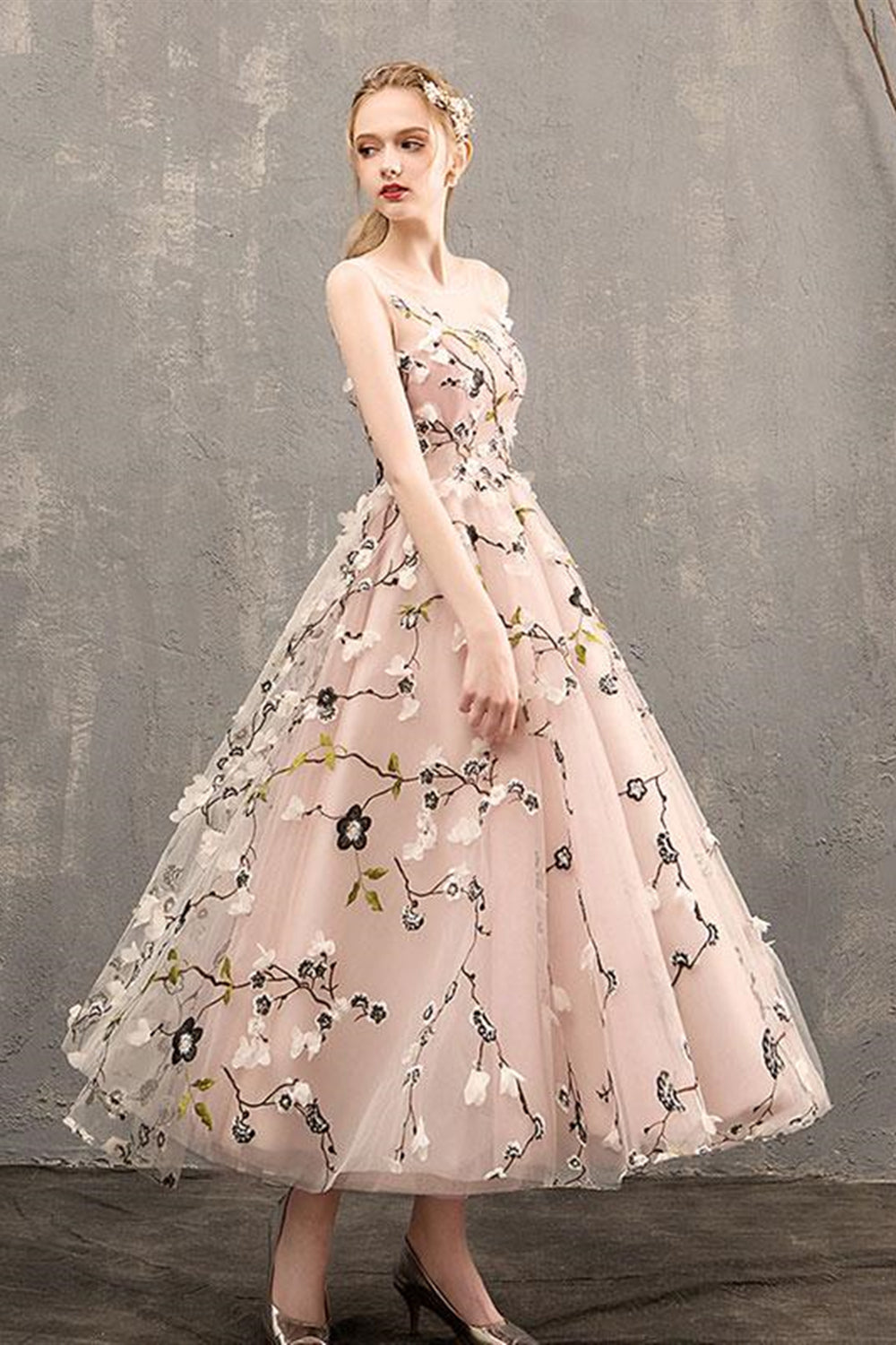 A Line Round Neck Floral Pink Tea Length Prom Dresses, Floral Pink For Lwt Dress A Line Round Neck Floral Pink Tea Length Prom Dresses, Floral Pink For Lwt Dress