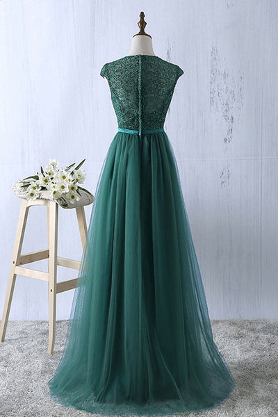 A Line Round Neck Green Tulle Lace Long Prom Dresses, Green Lace Formal Dresses, Green Evening Dresses