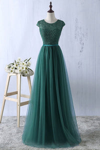 A Line Round Neck Green Tulle Lace Long Prom Dresses, Green Lace Formal Dresses, Green Evening Dresses