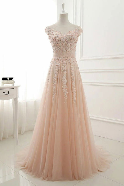A Line Round Neck Pink Tulle Lace Long Prom Dresses, Pink Lace Formal Graduation Evening Dresses