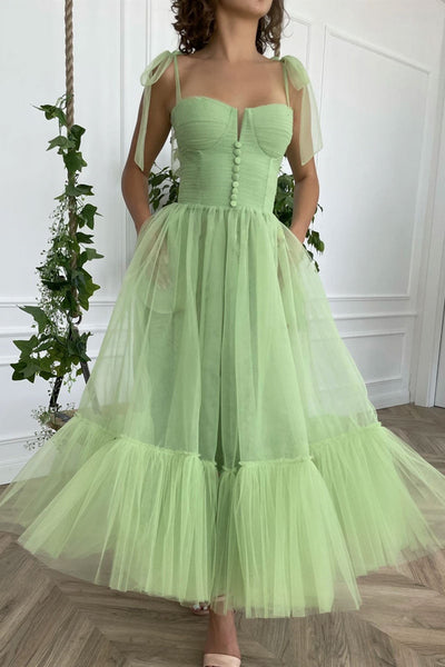 A Line Spaghetti Straps Green Tulle Tea Length Prom Dresses, Green Tulle Formal Graduation Evening Dresses