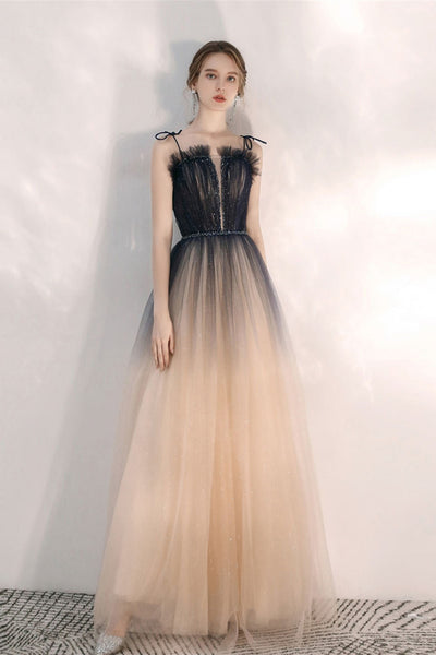 A Line Thin Straps Ombre Tulle Long Prom Dresses, Long Ombre Formal Graduation Evening Dresses