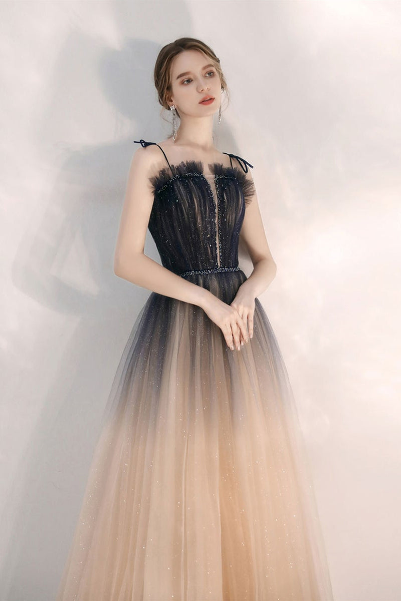 A Line Thin Straps Ombre Tulle Long Prom Dresses, Long Ombre Formal Gr ...